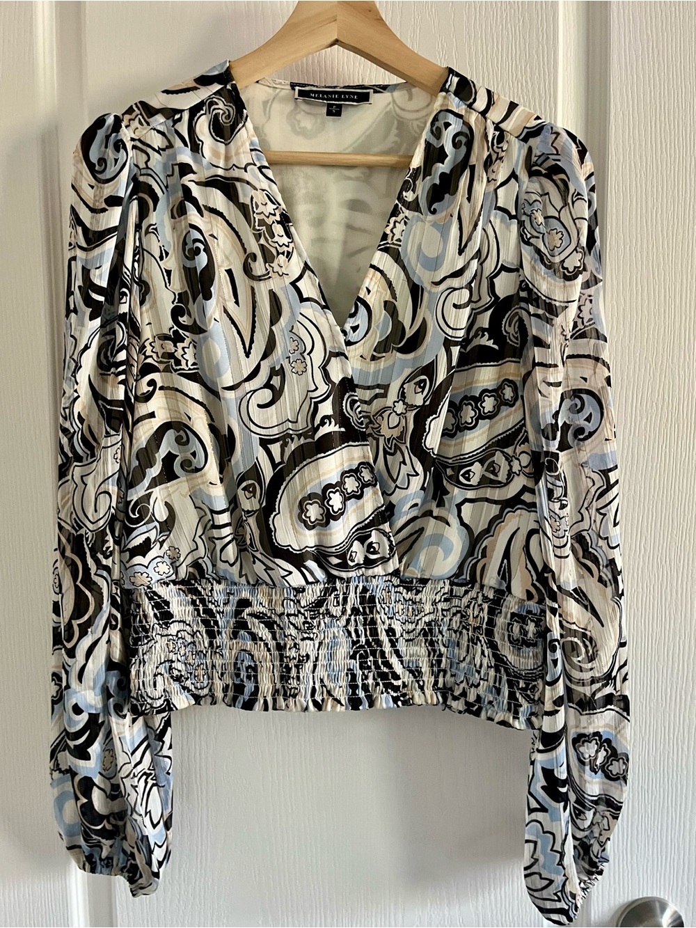 MELANIE LYNE  Sheer Paisley Smocked Blouse – Petite Small - Picture 4 of 13